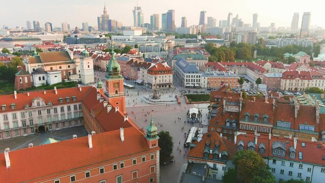 Aerial sunset view of Warsaw Royal Castle and the Castle Square, Poland