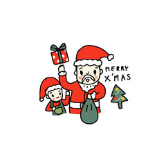 Santa claus with boy, merry christmas, freehand drawn style on white background