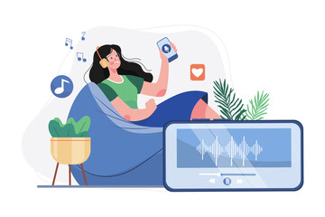 Woman Listening To A Podcast While Sitting On A Beanbag