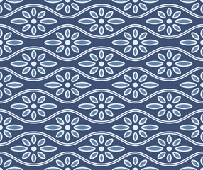 Japanese Flower Wavy Line Vector Seamless Pattern