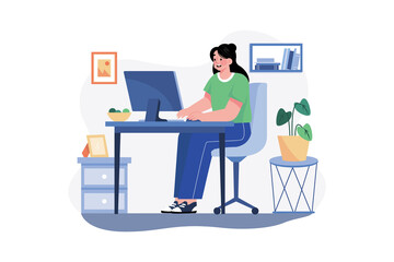 Woman Working From Home Illustration concept on white background