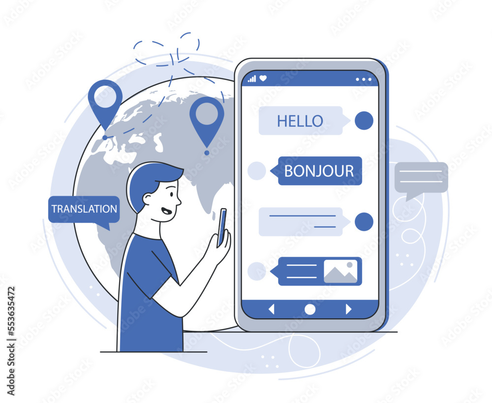 Poster translator on smartphone. guy reads text in foreign language on background of planet. modern technol