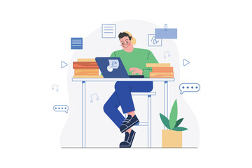 Man Listening To The Podcast While Working