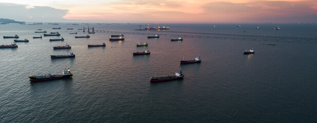 Aerial view oil and gas tanker ship industrial crude oil fuel and petrochemical tanker ship, Global...