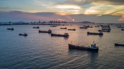Fototapeta na wymiar Aerial view oil and gas tanker ship industrial crude oil fuel and petrochemical tanker ship, Global business import export oil and gas petrochemical with tanker ship.