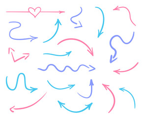 Hand drawn colored shapes on white. Abstract arrows. Line art. Set of different signs. Colorful illustration. Doodles for artwork