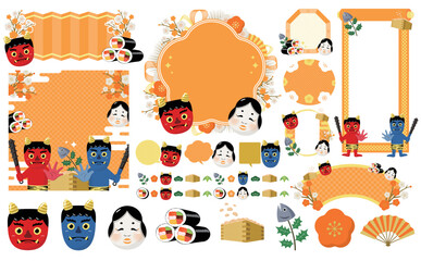 鬼・恵方巻・梅・おたふくの節分の日のフレームとアイコンイラストセット_オレンジ_文字なし