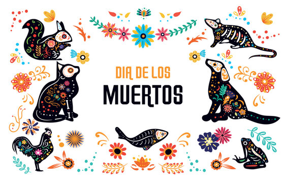 Pet dead set. Dia de los nuertos, holiday and festival. Mexican traditions and culture. Dogs, fishes, rats and cats in abstract patterns of flowers. Poster or banner. Cartoon flat vector illustration