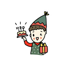 Birthday boy with birthday cake, freehand drawn style on white background