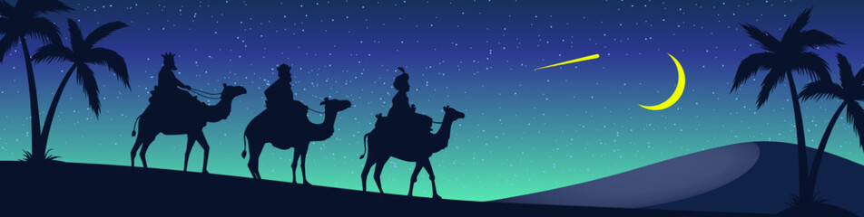 Obraz na płótnie Canvas vector of three kings walking in the desert towards belen, three magics kings walking in the starry night, wise kings, reyes magos