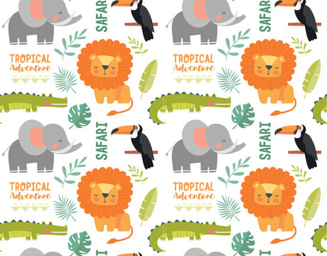 Safari seamless pattern. Repeating design element for printing on fabric. Lion cub, baby elephant and crocodile with parrot. Exotic and tropical countries, wild life. Cartoon flat vector illustration