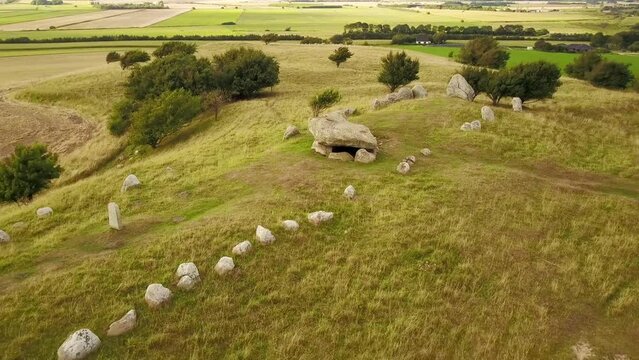 Aerial View of Long Barrow and Dolmen Dating Back From Neolithic Period in S&oslash;nderholm