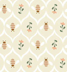 Handpainted floral beehive with bees and flowers in a neutral subtle color palette of cream yellow, beige, white, pink and green. Great for home decor, fabric, wallpaper, gift-wrap, stationery.

