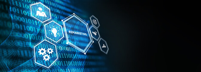 Obraz premium Business, technology, internet and network concept. Virtual screen of the future and sees the inscription: Remarketing. 3d illustration