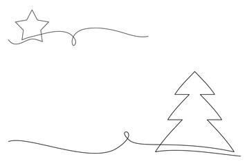 Świąteczne tło z choinką i gwiazdą bożonarodzeniową rysowane jedną linią. Proste tło do projektów. Białe tło z ilustracją wektorową z miejscem na tekst.