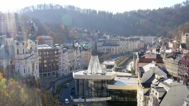 Sunshine over Vridelni Kolonada in Karlovy Vary spa town, Czechia.