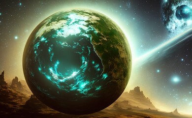 an image of a planet with a star in the background, digital art