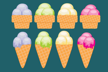 Cone ice cream with various flavors. Vector illustration of delicious ice cream in vanilla, green tea and other interesting flavors