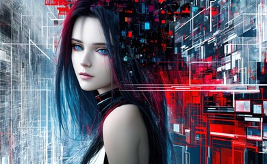 a woman standing in front of a futuristic city, cyberpunk art, analytical art