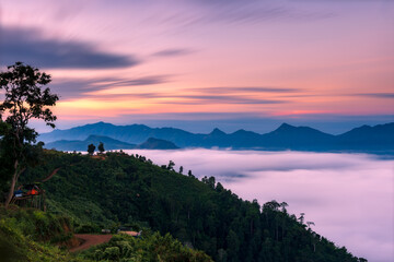 Fototapeta na wymiar landscape and sky background concept, nature of north Thailand, fog-laden valleys, wintery mountain passes of Mae hong son province, top view on the mountain sunrise and sunset