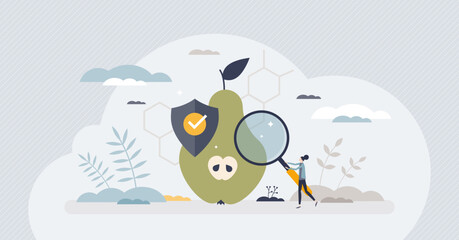 Food safety control with hygiene checking and inspection tiny person concept. Hazard and poisoning awareness for safe grocery consumption vector illustration. Health disease prevention from bacteria.