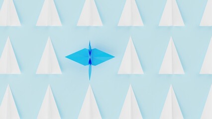 Origami of blue crane and many white airplanes on soft blue board under white lighting background. Concept 3D CG of Japanese traditional culture, wish for world peace and legendary president.