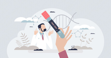 DNA test and gene helix code sample result research tiny person concept. Scientific laboratory measurement for fatherhood control or health analysis vector illustration. Identity data examination.