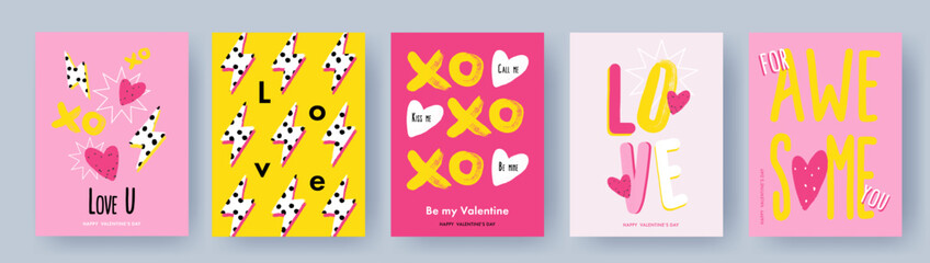 Creative concept of Happy Valentines Day posters, cards set. Modern Design templates with hand drawn doodle hearts, XO symbol and Love typography for celebration, decor, ads, branding, banner, cover