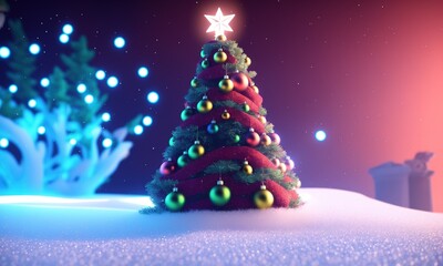 christmas tree in the snow at night