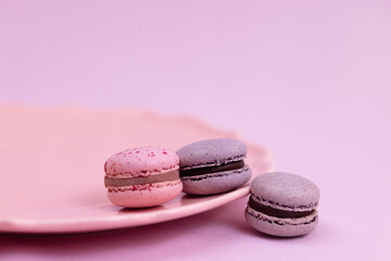 Purple and pink macaron cookies lie on a plate