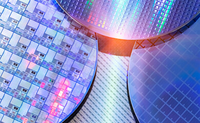 Silicon monocrystalline wafer with microchips manufacturing used in fabrication of electronic...