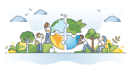Ecology puzzle as climate awareness and care from community outline concept. Social cooperation to save oceans, forests and earth for sustainable and environmental global future vector illustration. - obrazy, fototapety, plakaty