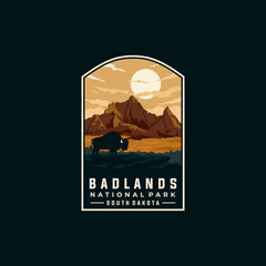 Badlands national park vector template. South Dakota landmark illustration in patch emblem style. - obrazy, fototapety, plakaty