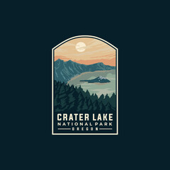 Crater Lake national park vector template. Oregon landmark illustration in patch emblem style.