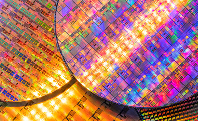 Silicon monocrystalline wafer with microchips manufacturing used in fabrication of electronic...