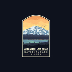 Wrangell St Elias national park vector template. Alaska landmark illustration in patch emblem style.