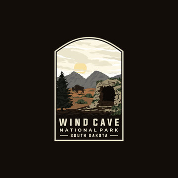 Wind Cave national park vector template. South Dakota landmark illustration in patch emblem style.