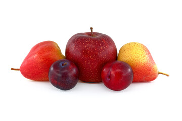 Pears, plums and red apple on white background