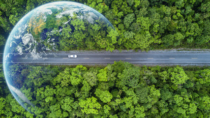 Electric car and EV electrical energy for environment, EV car on forest road with earth planet going through forest, Ecosystem ecology healthy environment, Electric car with nature, Save earth energy. - obrazy, fototapety, plakaty