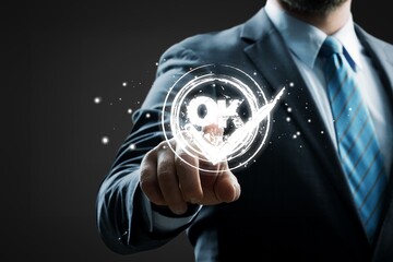 Business person hand and digital correct sign