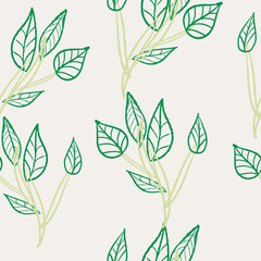 White pattern background with green vining leaves.