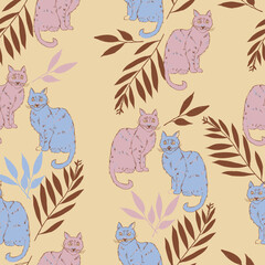 Beige background with multi-colored cats seamless