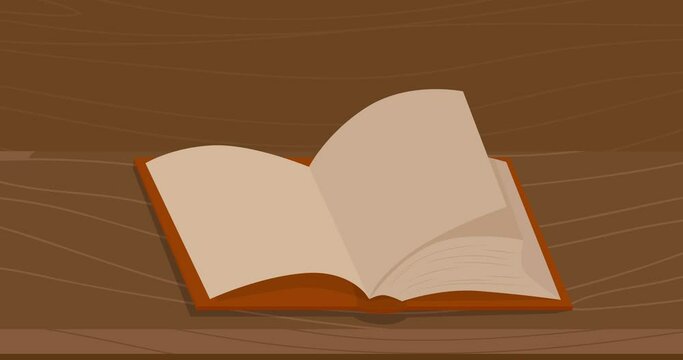 Blank opened book with wooden background, cartoon animation.