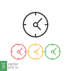 Clock icon. Simple flat style. Circle wall clock face, day, night, black, red, yellow, green color, business concept. Vector illustration isolated on white background. EPS 10.