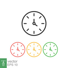 Clock icon. Simple flat style. Circle wall clock face, day, night, black, red, yellow, green color, business concept. Vector illustration isolated on white background. EPS 10.