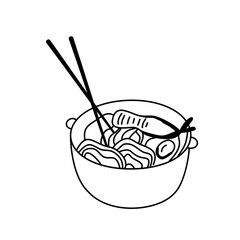 Traditional japanese food. Noodles, shrimp and chopsticks. Simple doodle illustration. Asian food outline sketch isolated on white