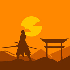 Fototapeta na wymiar Samurai japan sword knight logo colorful design with sunset background. Isolated background for t-shirt, poster, clothing, merch, apparel, badge design