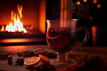Hot mulled wine with christmas decoration at romantic fireplace Christmas or winter warming drink. - obrazy, fototapety, plakaty