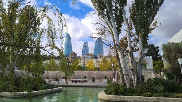 Flame Towers and Little Venice, Baku Azerbaijan. City Landmarks in Autumn