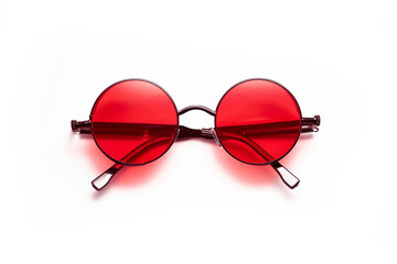 Sunglasses with red lenses on a white background.